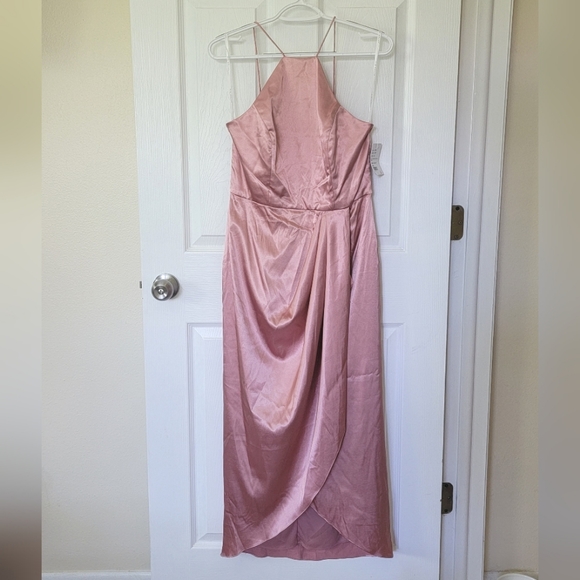 After Six Halter Midi Dress in Stretch Satin w/Tulip Skirt in Desert Rose sz 10 - Picture 2 of 2